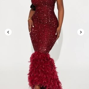 Fashion Nova Burgundy Sequin Feathered Dress
